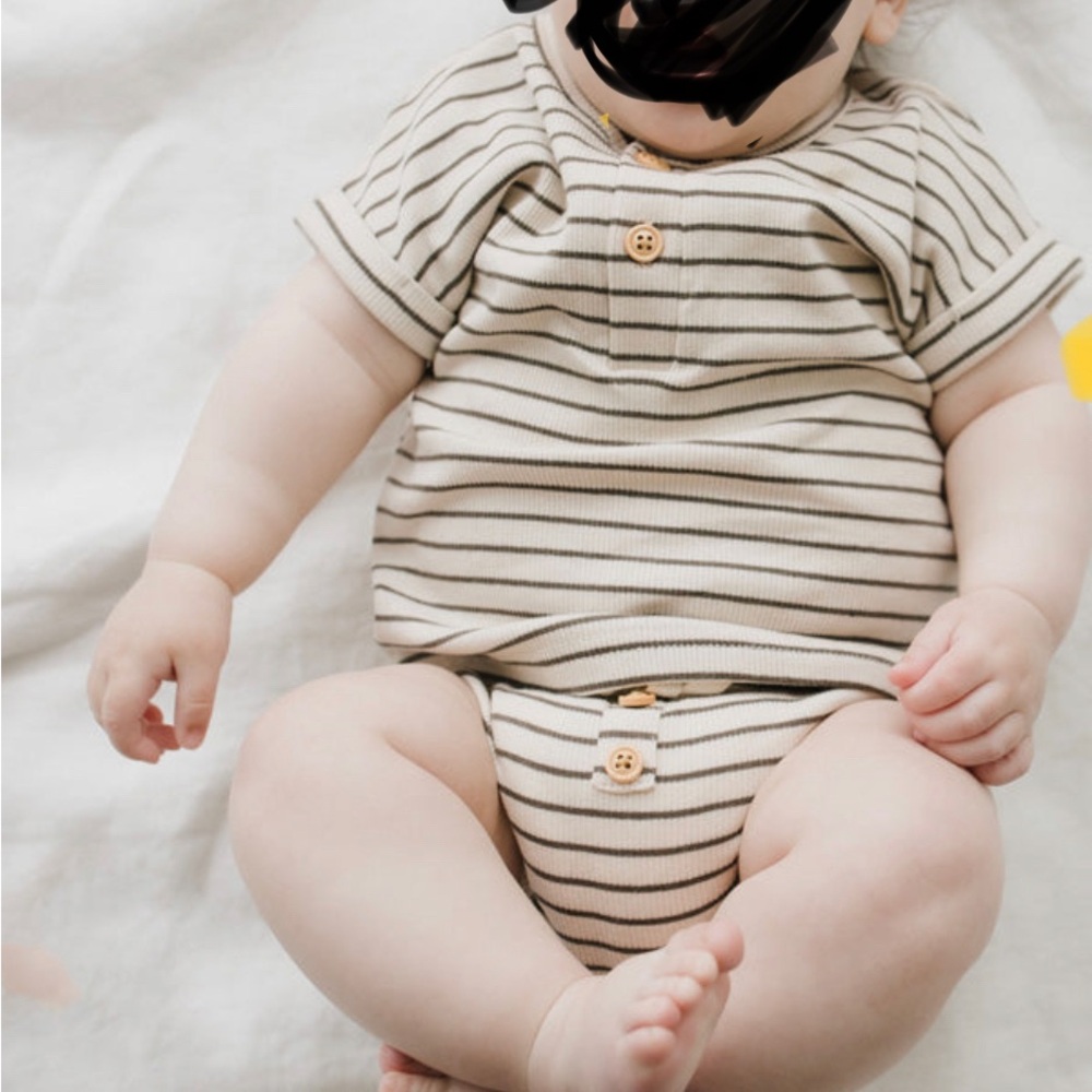 Organic cotton fine rib bloomer and top oatmeal mini stripe